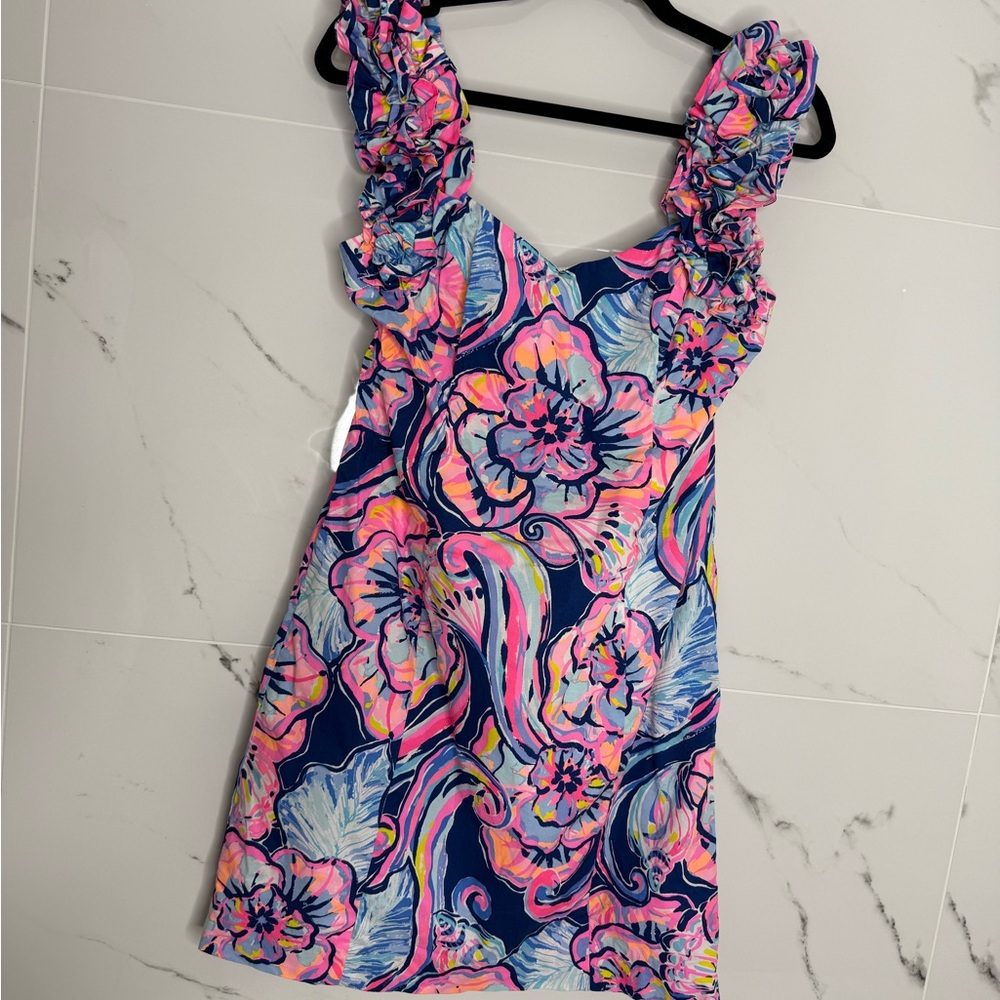 Lilly Pulitzer Navy, Pink & Light Blue Floral Ruffle-Shoulder Mini Dress